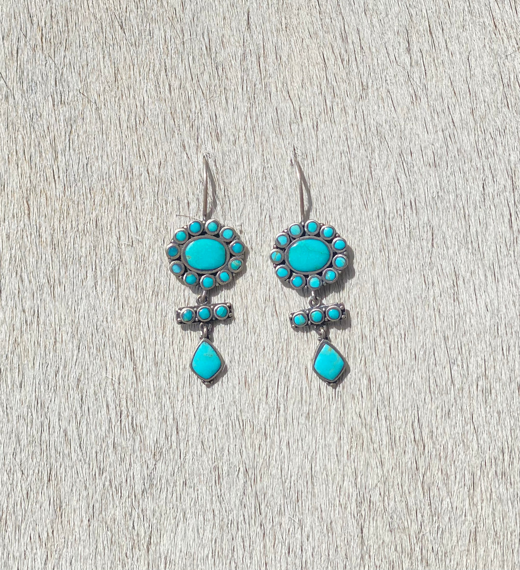 Turquoise Flower/Diamond Dangle Earrings