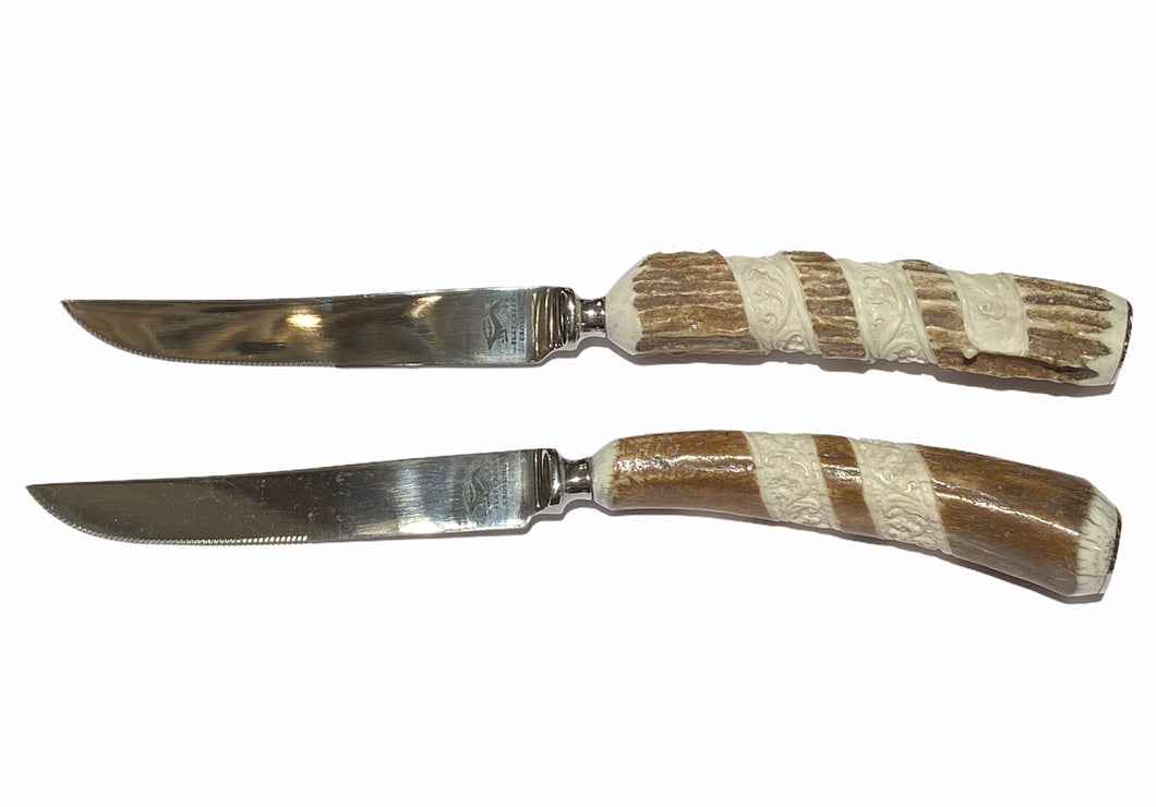 Floral Steak Knife - Partial Carved handle - Elk antler