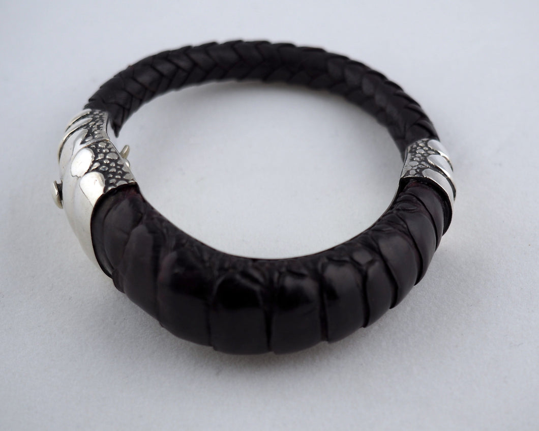 Hand-crafted Black Narrow Ostrich & Silver Bracelet