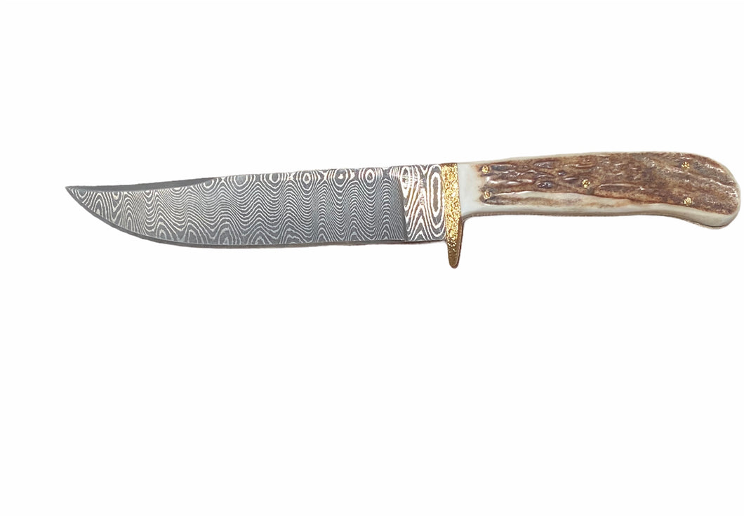 Hand-forged Ladder Damascus Hunting Knife with Elk Antler Handle