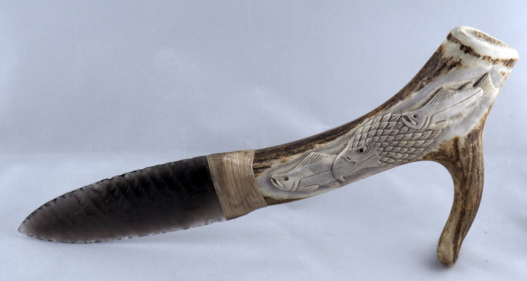 Hand Carved Elk Antler Handled Traditional Obsidian Knife